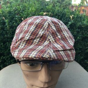 Crown Co Men's Plaid Newsboy Cap in Cream, Brown & Orange Sz L/XL